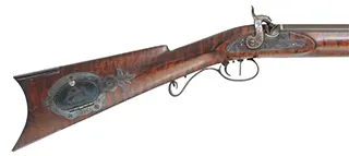 Hawken Rifle,
.50 caliber, W.M. Large 36" barrel,
percussion, walnut, engraved iron 
used, signed by T. Wilkes Hawken Rifle,
.50 caliber, W.M. Large 36" barrel,
percussion, walnut, engraved iron 
used, signed by T. Wilkes